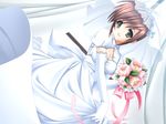  1girl bouquet bride brown_hair cg dress flower game game_cg green_eyes milkyway3 solo wedding_dress 