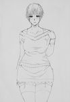  1girl anime bra_strap breasts cloths collarbone drawing female garter_straps girl highres milf monochrome off_shoulder short_hair simple_background sketch skirt solo sweater thighhighs 