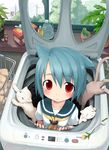  &gt;_&lt; :3 aikei_ake animal_ears blue_hair blush cat cat_ears closed_eyes flower in_container original red_eyes school_uniform serafuku short_hair solo too_many too_many_cats washing_machine x3 