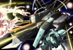  battleship beam_rifle char's_counterattack clop_class damaged energy_gun explosion geara_doga gun gundam inyucchi jegan mecha military military_vehicle no_humans shield ship space warship watercraft weapon 