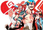  2boys bandages blue_hair fingerless_gloves gloves goggles goggles_on_head hair_ornament kamina katou_(hyaena) multiple_boys ponytail red_eyes red_hair sarashi shirtless simon tengen_toppa_gurren_lagann yellow_eyes yoko_littner 