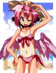  ;d animal_ears arm_up armpits bare_shoulders beach bikini blue_eyes cloud day feathered_wings frame front-tie_top groin hand_on_hip hat kuroneko_no_toorimichi midriff mystia_lorelei navel one-piece_tan one_eye_closed open_mouth outdoors pink_bikini pink_hair pink_wings short_hair side-tie_bikini sky smile solo straw_hat swimsuit tan tanline touhou wings 