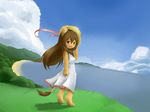  1girl animal_ears barefoot beach blush brown_hair child cloud dress fang female furry grass hat hill ka_(pixiv341010) kagerofu landscape lion_ears lion_tail long_hair mountain ocean open_mouth shore skirt sky smile solo standing straw_hat sun_hat tail water white_dress yellow_eyes 