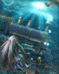  fantasy fish ground_vehicle gtd-carthage highres immersed locomotive long_hair ocean original scenery solo steam_locomotive submerged train underwater 