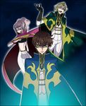  2boys anya_alstreim bad_id bad_pixiv_id blonde_hair brown_hair cape code_geass dalc_rose gino_weinberg green_eyes knights_of_the_round_uniform kururugi_suzaku multiple_boys one_eye_closed pink_hair red_eyes short_hair 