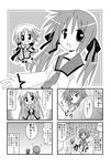  4koma comic greyscale kori_(trouble_spirit) minami_(colorful_palette) minigirl monochrome multiple_girls original ribbon sawatari_riko sleeping stuffed_animal stuffed_toy translated trouble_spirit! 