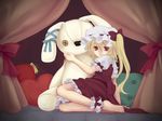  bad_id bad_pixiv_id barefoot blonde_hair bunny etou_(cherry7) feet flandre_scarlet hat one_side_up ponytail red_eyes short_hair solo stuffed_animal stuffed_bunny stuffed_toy touhou 
