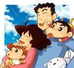  2girls brown_hair crayon_shin-chan day dog family happy multiple_boys multiple_girls nohara_himawari nohara_hiroshi nohara_misae nohara_shinnosuke shiina_yuuto shiro_(shin-chan) sky usui_yoshito 