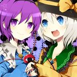  :d amaya_enaka argyle argyle_background bad_id bad_pixiv_id blue_eyes close-up face hat heart komeiji_koishi komeiji_satori multiple_girls open_mouth purple_eyes purple_hair short_hair siblings silver_hair sisters sleeves_past_wrists smile star symbol-shaped_pupils third_eye touhou 