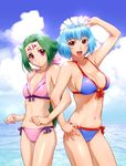  bikini blue_hair blue_sky breasts cleavage cloud creator_connection crossover day dorae_tachibana_doryayev facial_mark fiona_(zoids) flat_chest forehead_mark front-tie_top green_hair hand_on_hip large_breasts locked_arms long_hair looking_at_viewer maid_headdress medium_breasts multiple_girls ocean outdoors pink_eyes ponytail red_eyes short_hair side-tie_bikini sky smile summer swimsuit tsumanuda_fight_town ueyama_michirou water zoids zoids_chaotic_century 