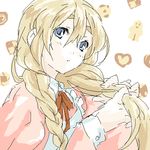  blonde_hair blue_eyes braid braiding_hair hairdressing k-on! kotobuki_tsumugi long_hair looking_away lowres neck_ribbon oekaki ribbon sakamoto_atsumu solo twin_braids 