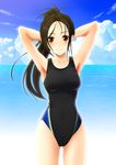  aizawa_kotarou armpits arms_behind_head arms_up beach brown_hair cloud competition_swimsuit copyright_request day long_hair non-web_source one-piece_swimsuit orange_eyes outdoors ponytail solo source_request swimsuit 