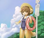  1girl animal_ears bus_stop cloud dog_ears dog_tail female furry hat holding innertube ka_(pixiv341010) kagerofu mountain mouth_hold nature one-piece_swimsuit open_clothes open_shirt outdoors pole popsicle school_swimsuit shirt sign sky solo straw_hat sun_hat swimsuit tail tree 