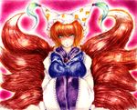  bad_id bad_pixiv_id blonde_hair fox_tail hands_in_opposite_sleeves hat lewis long_sleeves looking_at_viewer multiple_tails pillow_hat red_background short_hair smile solo tail tassel touhou traditional_media watercolor_pencil_(medium) wide_sleeves yakumo_ran yellow_eyes 
