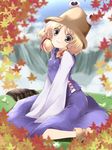  blonde_hair eyes frog grey_eyes hair_ribbon hands hat kousou leaf maple_leaf moriya_suwako ribbon short_hair sitting sleeves_past_wrists smile solo touhou wariza when_you_see_it yellow_eyes 