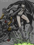 belt bikini_top black_hair black_rock_shooter black_rock_shooter_(character) blue_eyes boots flat_chest front-tie_top gloves hood hoodie knee_boots leg_lift legs long_hair mecha open_clothes open_mouth saitou_masatsugu scar short_shorts shorts solo star trench_coat twintails very_long_hair 