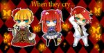  2girls bad_id bad_pixiv_id beatrice blonde_hair blue_eyes brother_and_sister chibi green_eyes hair_bobbles hair_ornament kiseru kudan multiple_girls pipe red_hair siblings thighhighs umineko_no_naku_koro_ni ushiromiya_ange ushiromiya_battler 