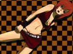  breasts brown_hair checkered checkered_background german_yajirobee lips medium_breasts meiko midriff panties red short_hair skirt skirt_pull solo tattoo underwear vocaloid 