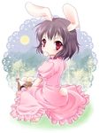  animal_ears bad_id bad_pixiv_id barefoot black_hair bunny_ears bunny_tail dress eating error from_behind inaba_tewi looking_back mikasa_haruna red_eyes short_hair solo tail touhou 