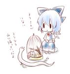  bad_id bad_pixiv_id blue_hair bow branch cage chibi cirno fairy feathers forked_tongue hair_ribbon kuromame_(8gou) mishaguji ribbon short_hair snake solo tongue touhou translated white_snake wings 