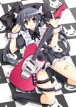  alternate_costume animal_ears bad_id bad_pixiv_id bandaid bandaid_on_leg black_hair brown_eyes cat_ears cat_tail checkered dress electric_guitar enmaided guitar instrument k-on! lying maid nakano_azusa ooji_cha solo tail twintails wrist_cuffs 