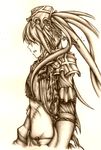  armor bad_id bad_pixiv_id belt black_hair black_rock_shooter chain insane_black_rock_shooter long_hair monochrome scar sepia shoowarke shorts sketch solo stitches twintails uneven_twintails very_long_hair 