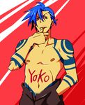 blue_hair body_writing kamina male_focus red_eyes rikko shirtless solo tattoo tengen_toppa_gurren_lagann 
