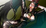  arms_behind_head arms_up bayonetta bayonetta_(character) blue_eyes bodysuit breasts cleavage cleavage_cutout dutch_angle eyeshadow glasses large_breasts lips lipstick makeup mole mole_under_mouth solo take_(draghignazzo) wallpaper 