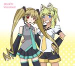  animal_ears blonde_hair blue_eyes cosplay dark_skin detached_sleeves dog_ears hatsune_miku hatsune_miku_(cosplay) headphones headset kagamine_rin kagamine_rin_(cosplay) kaki_(eijikash) liru multiple_girls necktie pachira red_eyes renkin_san-kyuu_magical_pokaan skirt thighhighs twintails vocaloid 