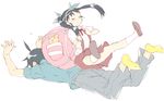  1girl ahoge araragi_koyomi backpack bag bakemonogatari black_hair closed_eyes faceplant hachikuji_mayoi legs monogatari_(series) sakamoto_atsumu school_uniform twintails 