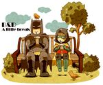 2boys batman batman_(series) bench bird brothers cape cup damian_wayne dc_comics dick_grayson hood male male_focus multiple_boys park robin_(dc) siblings smile straw 