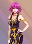  breasts cleavage gundam gundam_zz haman_karn hand_on_hip large_breasts pink_hair short_hair solo 