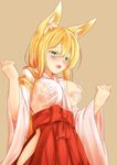  animal_ears blonde_hair blush breast_grab breast_slip breasts cowboy_shot disembodied_limb fox_ears grabbing green_eyes groping highres himeka_chiyako large_breasts long_hair minaha_(playjoe2005) nipples no_bra no_panties one_breast_out open_mouth original sideboob simple_background solo_focus wide_sleeves 