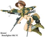  aircraft airplane ass australia beaufighter_(airplane) boots brown_hair canopy character_name green_eyes gun hat kirio_(ccr00235) looking_back mecha_musume military open_mouth original personification short_hair simple_background slouch_hat solo torpedo weapon wheel white_background world_war_ii 