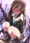  arms_between_legs blush breasts brown_hair cardigan cherry_blossoms cleavage embarrassed full-face_blush green_eyes idolmaster idolmaster_cinderella_girls inu_(aerodog) long_hair looking_at_viewer mary_janes necktie school_uniform shibuya_rin shoes skirt small_breasts solo squatting wavy_mouth 