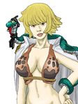  1girl aliasing amazon amazon_lily bangs bikini_top blonde_hair bob_cut breasts female fur_bikini hand_on_hip large_breasts looking_at_viewer marguerite one_piece short_hair snake solo 