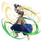  1girl alice_schuberg armor blonde_hair blue_eyes blue_gloves blue_hakama breastplate faulds floating_hair full_body gloves hakama highres holding holding_sword holding_weapon japanese_armor japanese_clothes katana long_hair looking_at_viewer official_art samurai simple_background solo standing sword sword_art_online sword_art_online:_code_register very_long_hair weapon white_background 