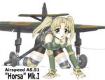  aircraft airspeed_horsa all_fours bare_shoulders bell bike_shorts blonde_hair breasts character_name collar covered_nipples elbow_gloves fingerless_gloves glider gloves green_eyes jingle_bell leash mecha_musume medium_breasts military nanashi_(7th_exp) open_mouth original personification solo striped striped_legwear thighhighs twintails wheel world_war_ii 