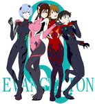  3girls :d arm_around_neck ayanami_rei bangs black_bodysuit black_eyes black_hair blue_eyes blue_hair bodysuit breasts brown_hair choke_hold clenched_teeth copyright_name covered_navel evangelion:_3.0_you_can_(not)_redo expressionless eyepatch from_side full_body glasses gloves hair_between_eyes hairband hand_on_another's_shoulder highres ikari_shinji large_breasts leg_lift light_smile logo long_hair looking_to_the_side low_twintails makinami_mari_illustrious medium_breasts multiple_girls neon_genesis_evangelion number open_mouth pilot_suit pink_bodysuit plugsuit rebuild_of_evangelion red-framed_eyewear red_eyes scrunchie semi-rimless_eyewear shikinami_asuka_langley short_hair signature simple_background smile souryuu_asuka_langley standing standing_on_one_leg strangling suimame sweatdrop teeth twintails under-rim_eyewear white_background wide-eyed 