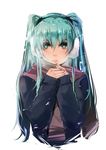  bad_id bad_pixiv_id bba1985 blush earmuffs green_eyes green_hair hatsune_miku highres long_hair looking_at_viewer simple_background solo vocaloid white_background 