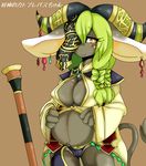  blush breasts caprine female goat green_hair hair kemono long_hair mammal nippels pregrant unknown_artist yellow_eyes 