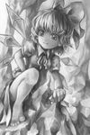  artist_name bad_id bad_pixiv_id bare_legs barefoot cirno dress feet greyscale hair_ribbon hand_on_hip highres looking_at_viewer monochrome nagayo puffy_short_sleeves puffy_sleeves ribbon rock short_hair short_sleeves sitting smile solo touhou wings 