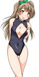  bow breasts brown_eyes brown_hair cleavage cleavage_cutout cowboy_shot front_zipper_swimsuit hair_bow highres large_breasts long_hair looking_at_viewer love_live! love_live!_school_idol_project meme_attire minami_kotori one-piece_swimsuit swimsuit tongue tongue_out yopparai_oni 