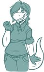  anthro bow_tie breasts clothed clothing dinosaur fangs female gloves grarrl hair jean_(artist) looking neopets pants reptile scalie shirt sketch smile solo 