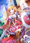  blonde_hair blue_sky blurry breasts brown_legwear building cape cleavage depth_of_field dutch_angle flower greetload hair_ornament holding land_of_caromag looking_at_viewer medium_breasts navel original petals purple_eyes shield sky solo sword thighhighs weapon wind zettai_ryouiki 