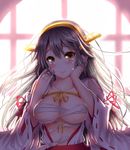  bare_shoulders blush breasts brown_eyes collarbone detached_sleeves haruna_(kantai_collection) headgear japanese_clothes kantai_collection large_breasts long_hair looking_at_viewer nontraditional_miko silver_hair smile solo tama_(new_island) tears torn_clothes underboob 