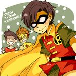  3boys aqua_lad black_hair copyright_name dc_comics dick_grayson garth grey_skin kid_flash male_focus multiple_boys orange_hair robin_(dc) smile teen_titans trio wally_west 