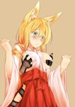  animal_ears blonde_hair blush breast_grab breast_slip breasts cowboy_shot disembodied_limb fox_ears grabbing green_eyes groping highres himeka_chiyako large_breasts long_hair minaha_(playjoe2005) nipples no_bra no_panties one_breast_out original shadow_hands sideboob simple_background solo_focus wide_sleeves 