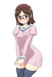  1girl black_legwear breast_squeeze breasts brown_eyes brown_hair dress embarrassed glasses gundam gundam_build_fighters hairband highres kousaka_china looking_away rebis short_hair simple_background small_breasts solo standing sweatdrop white_background 