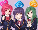  artist_request asami_kei black_hair blazer bow bowtie brown_eyes collared_shirt girlfriend_(kari) green_hair hand_on_own_cheek jacket kagurazaka_saya kokonoe_shinobu long_hair long_sleeves multiple_girls pink_hair ponytail purple_hair red_bow red_eyes red_hair red_neckwear school_uniform shirt symbol upper_body very_long_hair 